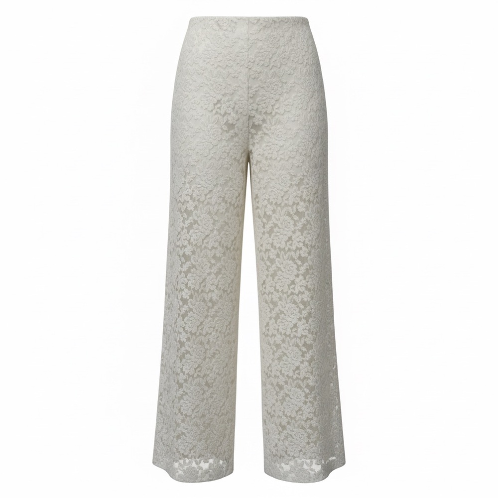 Sheer Lace Wide Leg Pants Built In Brief Lined Hi Waist White Boho/Beach Resort